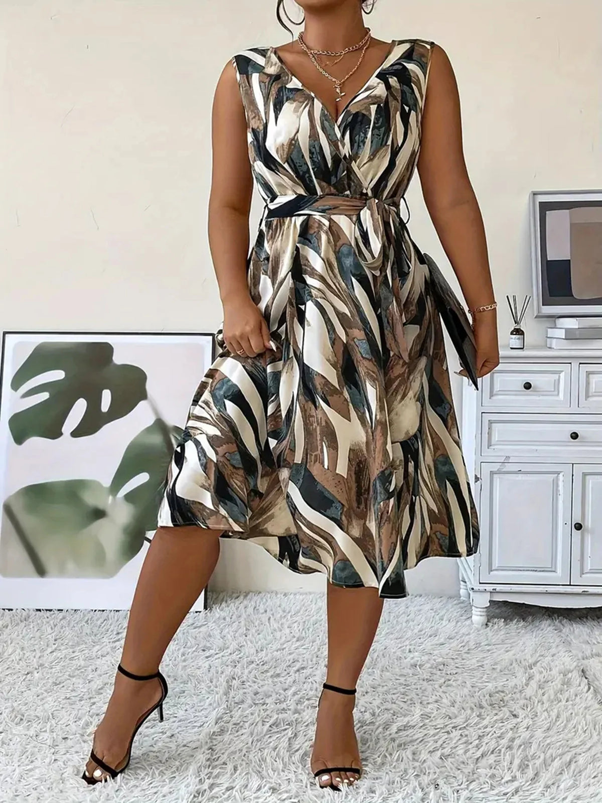 Elegantes Kleid für Damen in Übergrößen mit sexy V-Ausschnitt, stilvollem Pendler-Slim-Fit und ärmellosem Design
