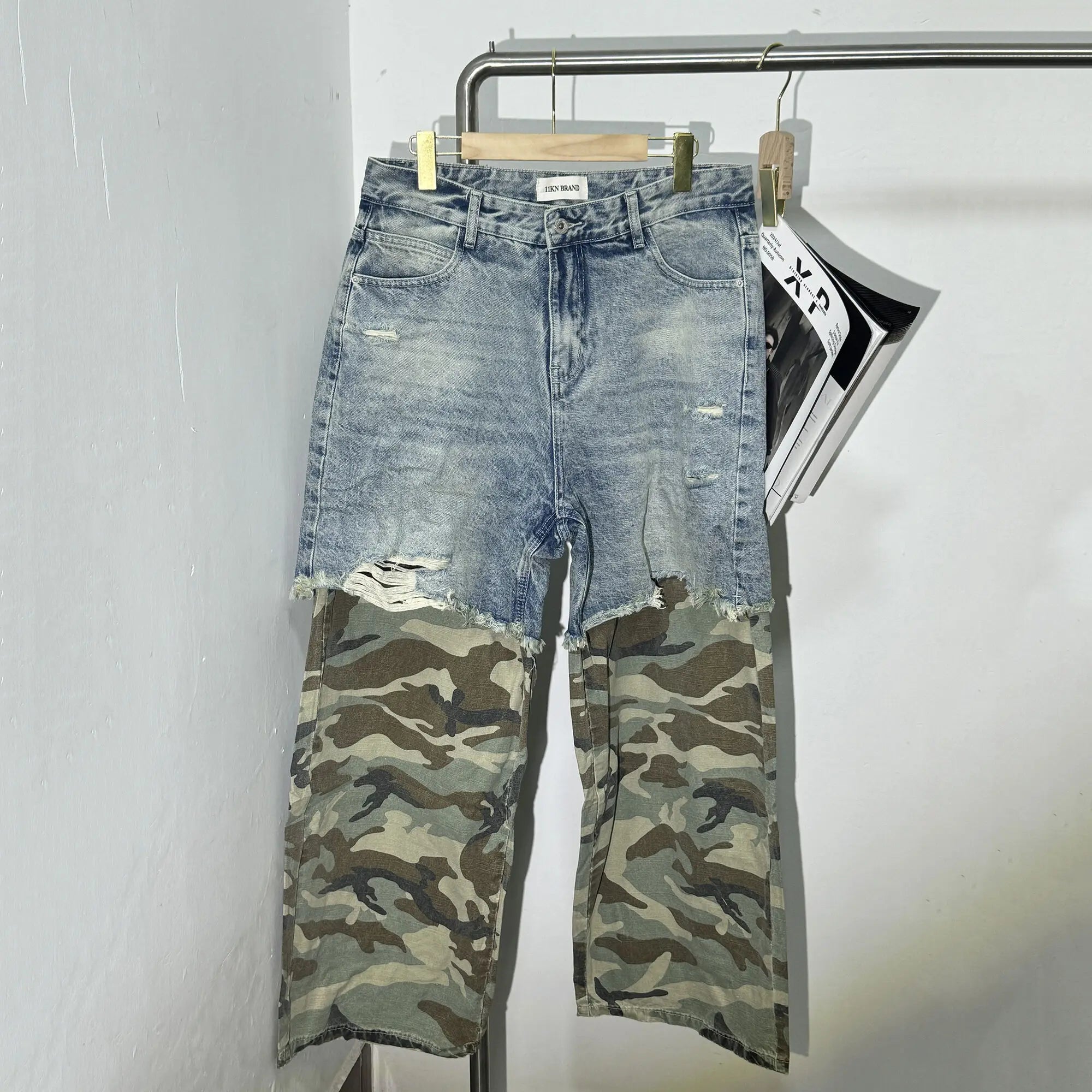 PFNW Niche Design Men's Jeans Washed Distressed Colorblock Splic Fake Two Piece Loose Straight Trousers Wide Leg Pants 28W5474