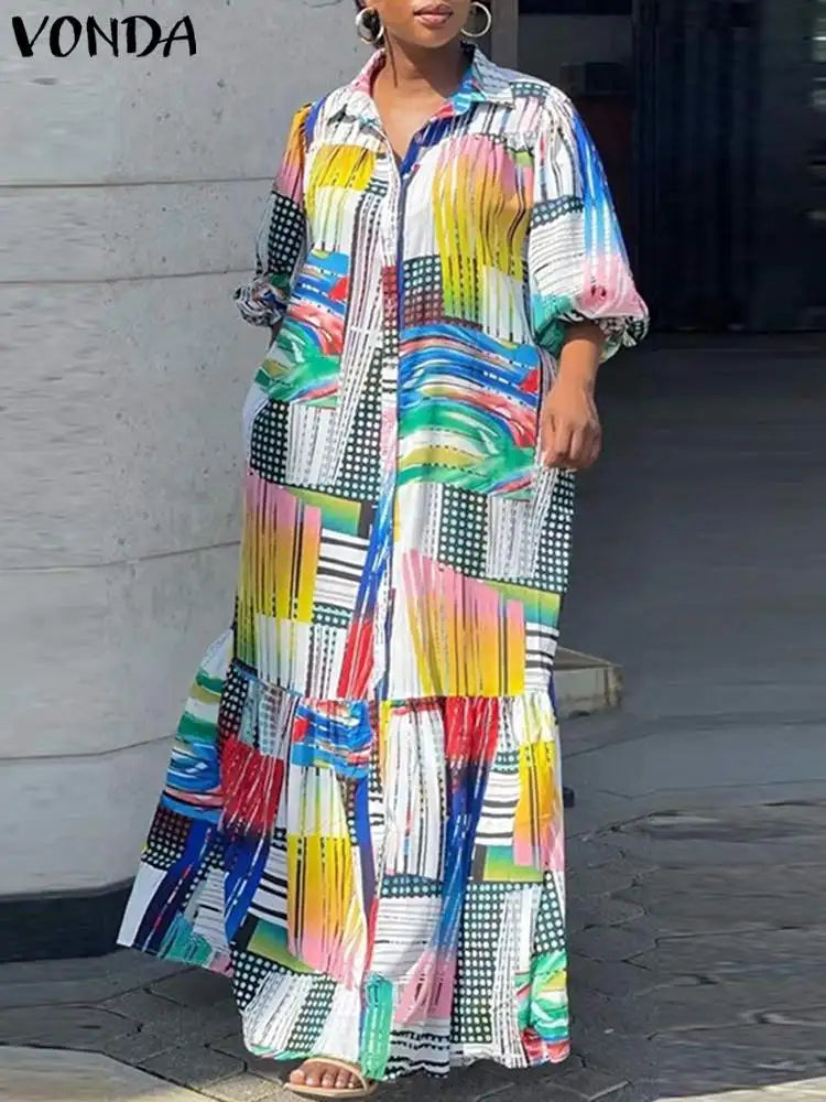 VONDA Plus Size 5XL Bohemian Printed Dress Autumn Women Elegant Long Sleeve Vintage Maxi Sundress Casual Button Loose Party Robe