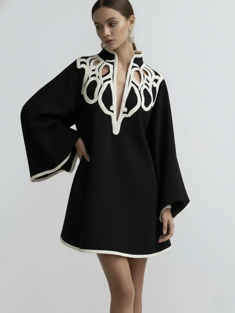 Freeacy Women's Hollowed Stand Collar Loose Mini Dress 2026 Spring New Contrast Color Long Sleeves Vacation Party Dresses