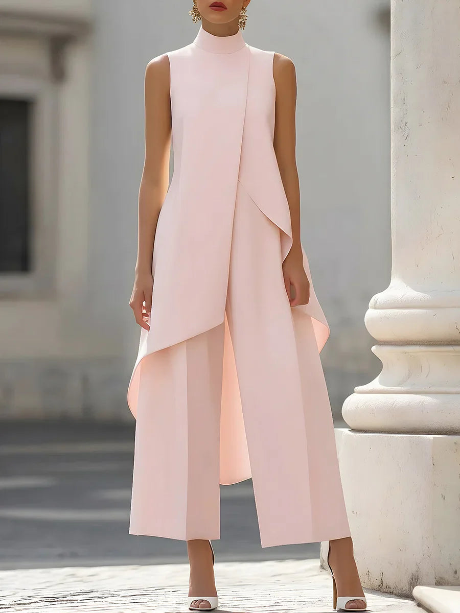 Sleeveless High Neck Asymmetrical Layered Wide Leg Jumpsuit for Women Elegant Formal Evening Wear