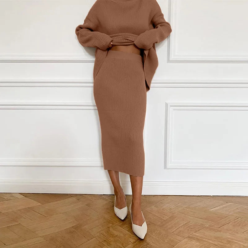 BKQU Knitted Dress Sets Women Loose Turtleneck Sweater Pullover And High Waist Long Skirt Two-Piece Set 2024 Fall Winter Outfits