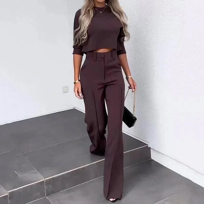 Elegant Office Lady Suits Fashion Solid Color Two Piece Set For Women Casual Crop Top+high Waist Pants Women's Sets  Autumn
