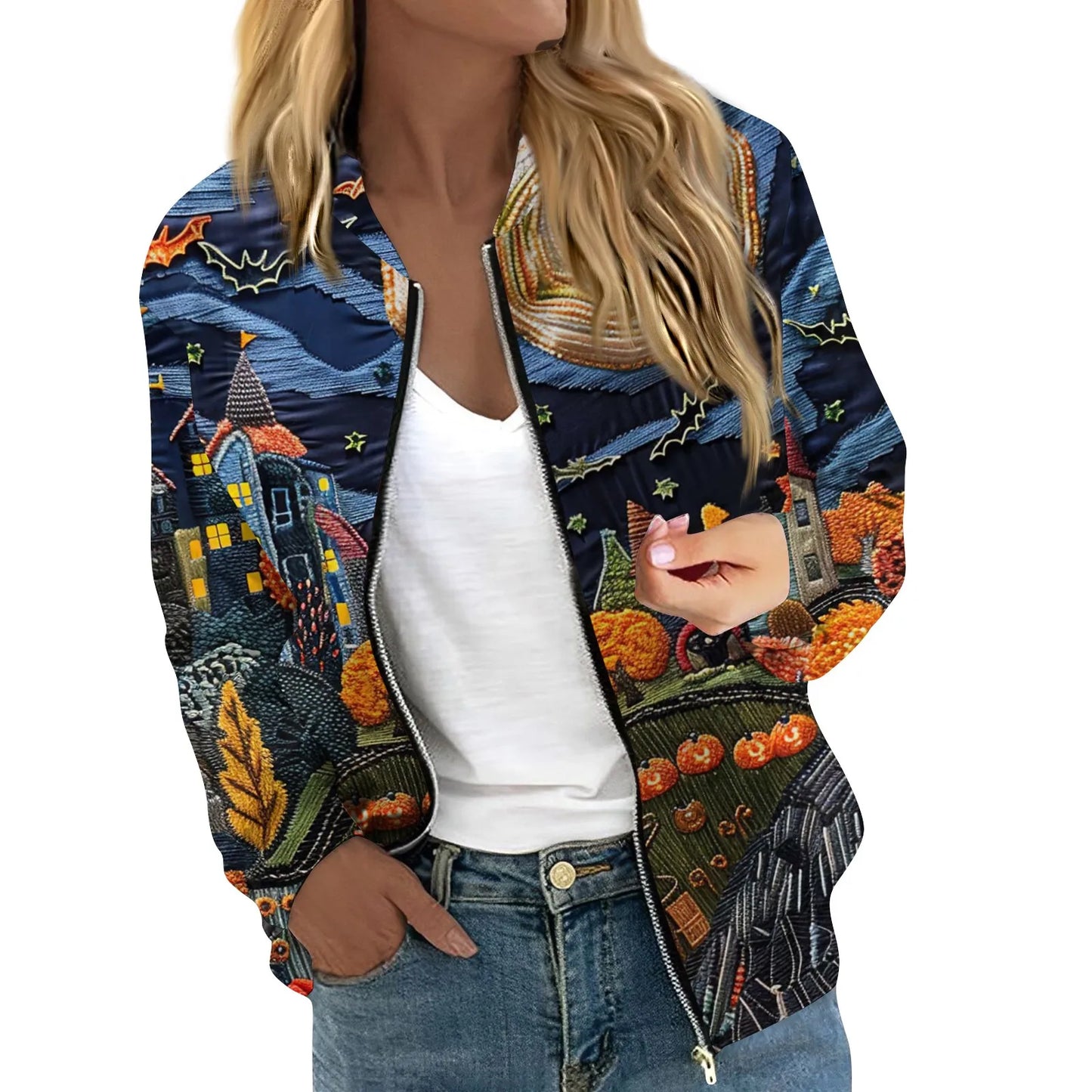 Women's Halloween Print Jacket Fashion Casual Long Sleeve O-Neck Zipper Jackets Top Fall all-match coat Women's autumn clothes