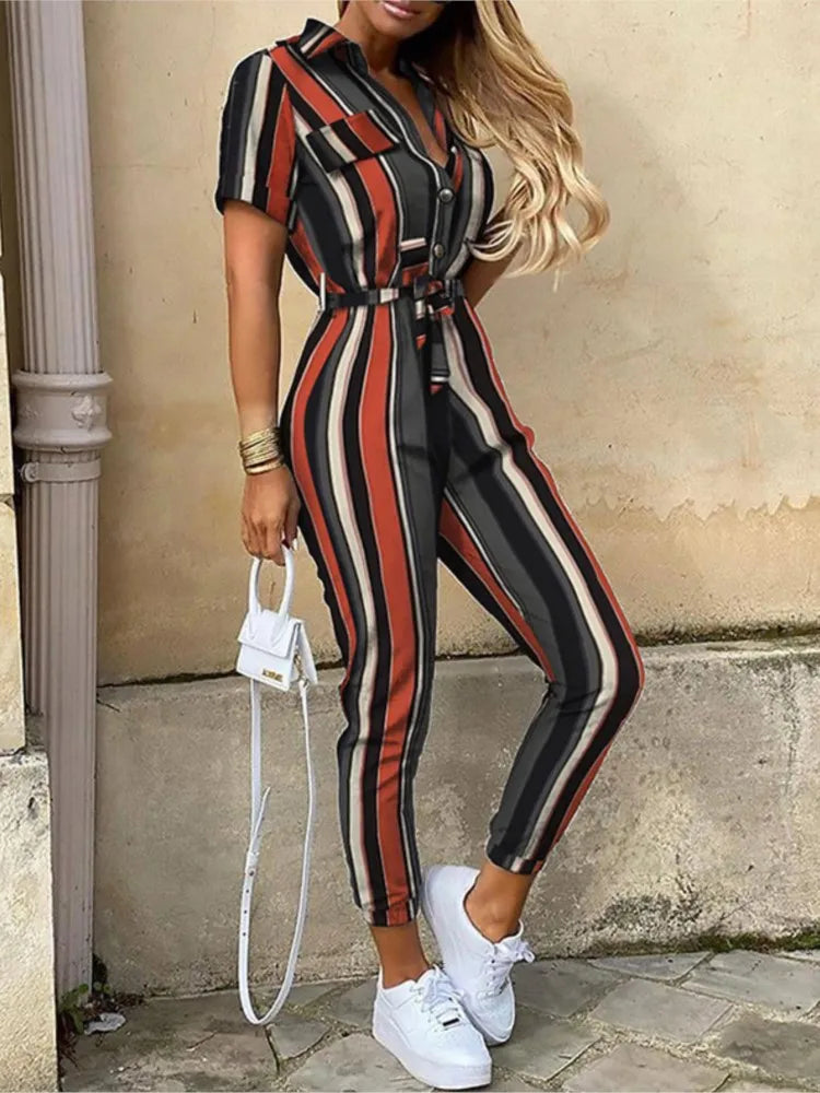 Summer Women's New Fashion Flip Collar Button Print Belt Lace Up Work Dress Casual Capris Jumpsuit Office