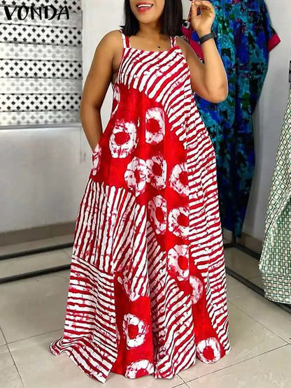 Sexy Sleeveless Dress Bohemian Printed Party Maxi Long Sundress  VONDA Summer Tank Vestidos Beach Loose Casual Robe Oversize