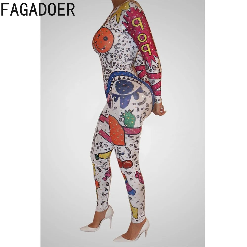 FAGADOER Fashion Graffiti Print Jumpsuits Women Round Neck Long Sleeve One Piece Playsuits Female Bodycon Streetwear White 2022