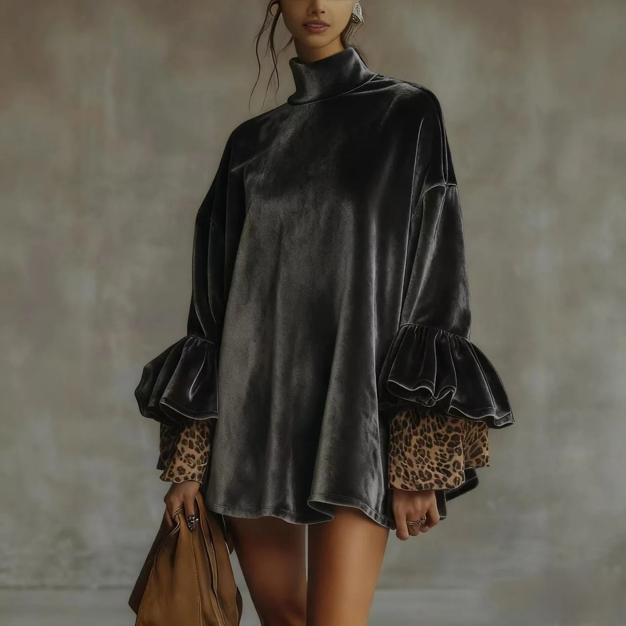 Fashion High Collar Velvet Short Dress Leopard Splicing Long Sleeve Mini Dress Women Elegant Draped Solid Party Dresses 2026