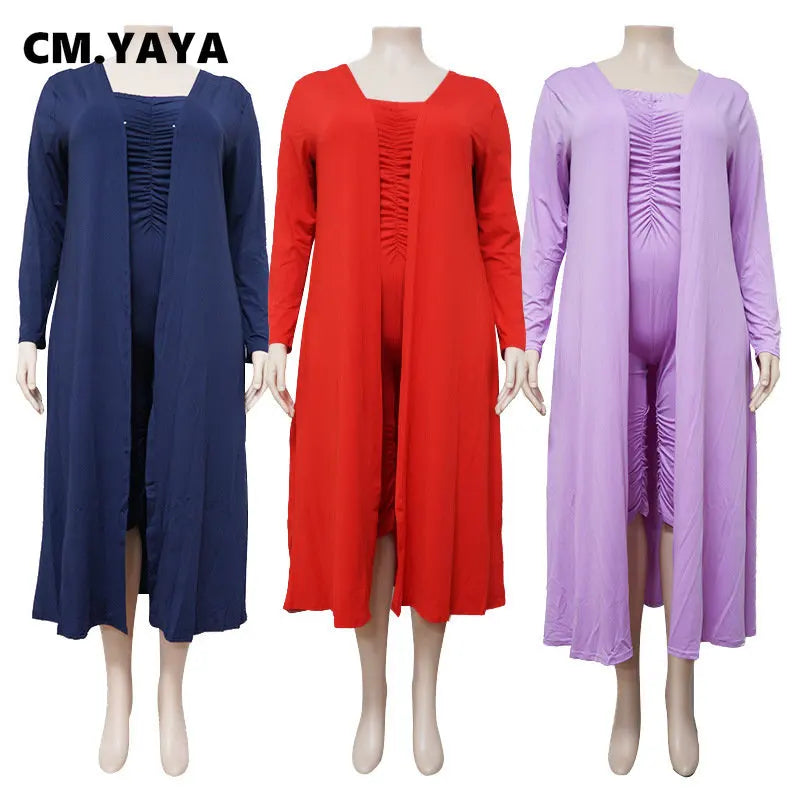 CM.YAYA Plus Size Women's Set Open Stitch Long Sleeve Maxi Top and Stacked Jumpsuit Suit 2023 Two 2 Piece Set Outfit Tracksuits