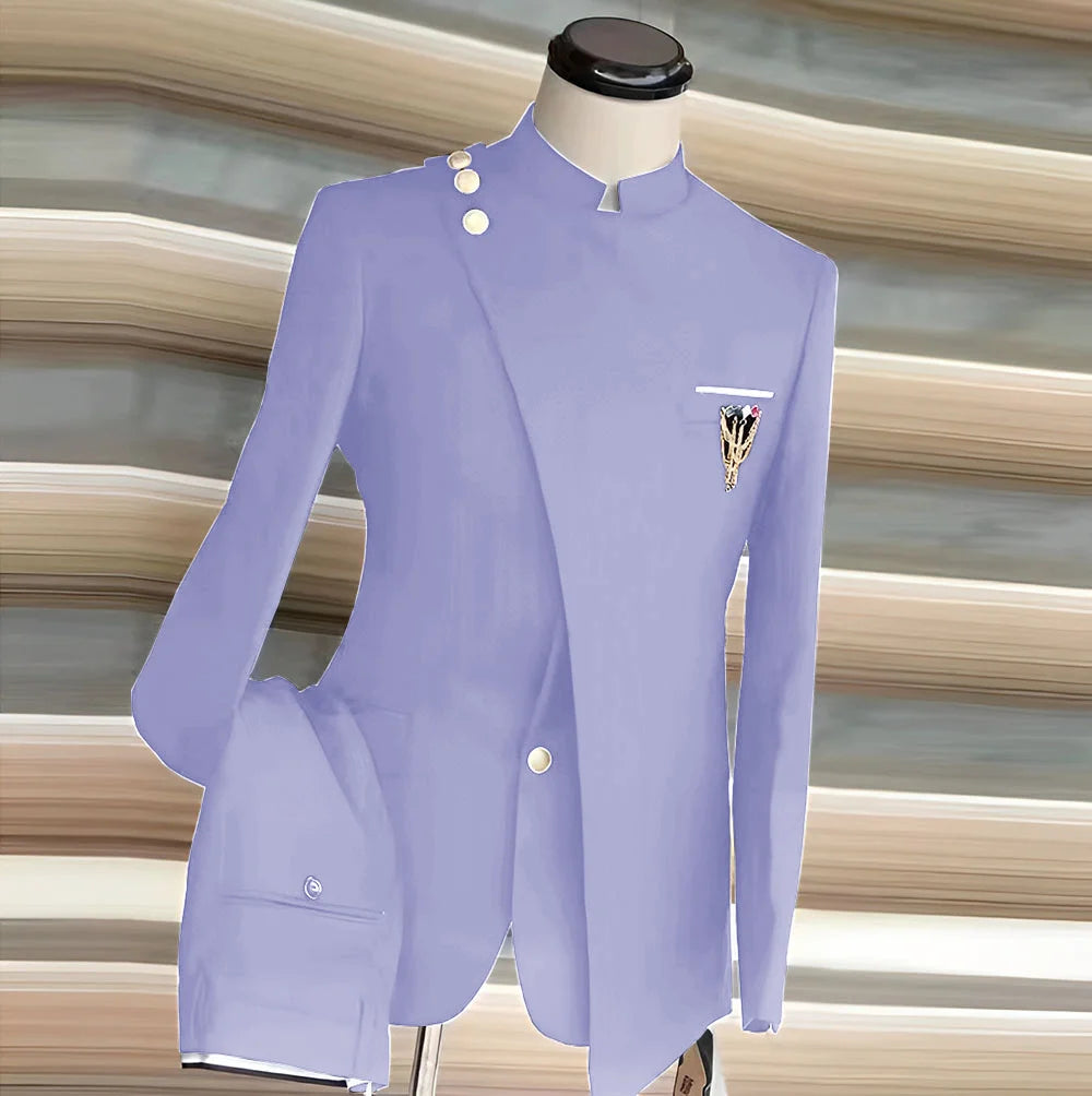 African Style Men's Suit 2 Piece Set Single Breasted Blazer Groom Wedding Tuxedo Gold Button Design Formal Jacket Pants 2 Piece