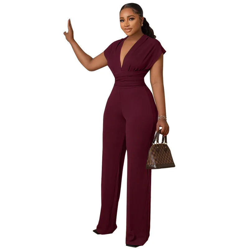 2024 New Fashion Simple and Elegant Low Cut Solid Color Waist Women's Jumpsuit