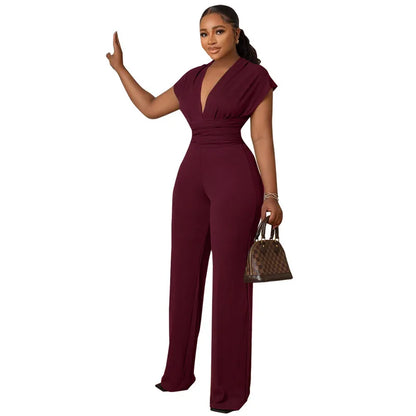 New Fashion Simple and Elegant Low Cut Solid Color Waist Women's Jumpsuit