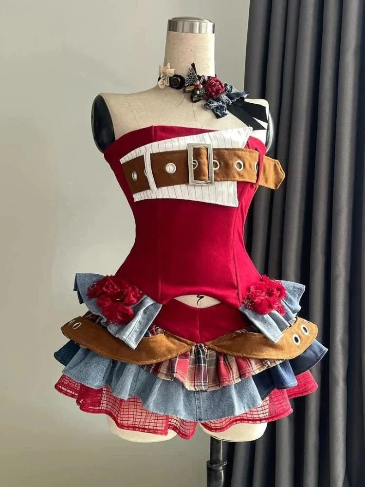Summer Vintage Elegant Y2K Woman 2 Piece Sets Punk Gothic Strapless Crop Tops +High Waist Ruffle Skirt Female Party Outfits