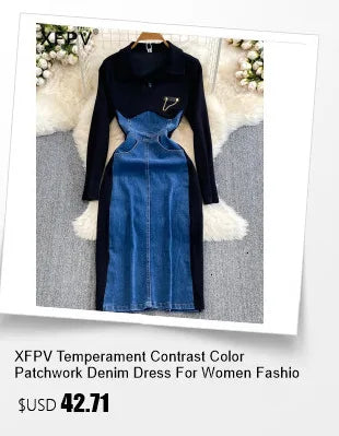 XFPV Women's Denim Patchwork Single Breasted Slim Single Breasted Wrapped Hip Dress Vestidos Fashion Spring Autumn 2024 SM9332