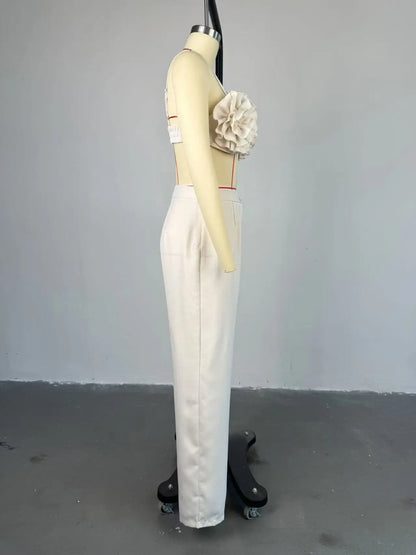 Joskaa Elegant 2 Piece Sets Women Sexy 3D Flower Crop Camisole and Straight Leg Pants Matching  Summer Vacation Streetwear
