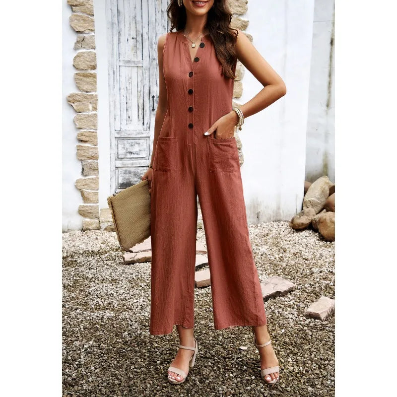 Spring & Summer Casual Women's Elegant Wide Leg Jumpsuit for Temperament Commuting Female Button Pocket Design Fashion Jumpsuits