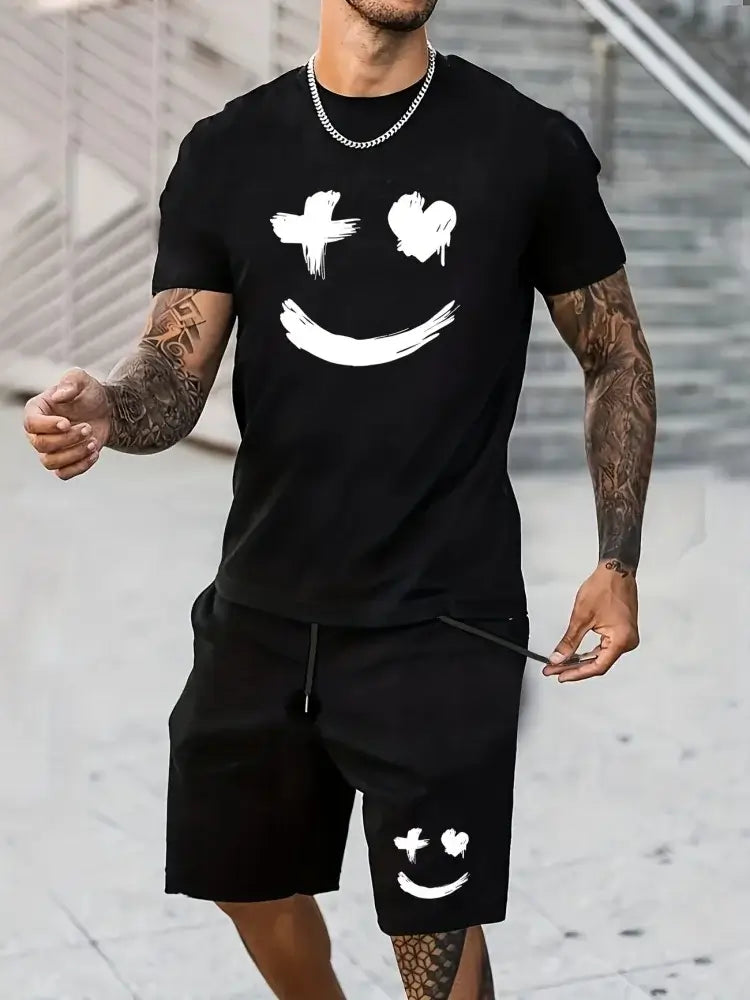 Herren Sommer Kurzarm-Set Hip-Hop Cartoon Bären-Print Kurzarm-Oberteil Shorts Lässiger Zweiteiler Outdoor Urban Street Fashion