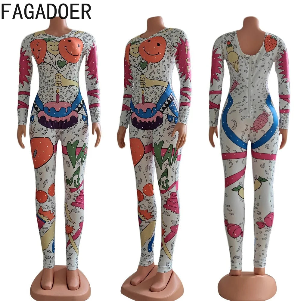 FAGADOER Fashion Graffiti Print Jumpsuits Women Round Neck Long Sleeve One Piece Playsuits Female Bodycon Streetwear White 2022