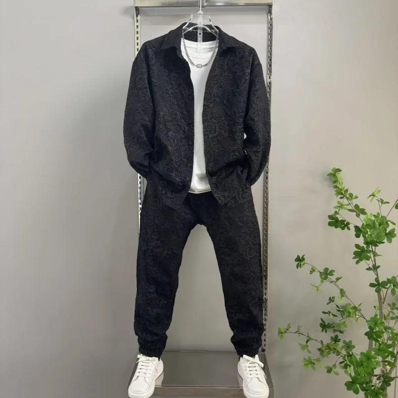 New Men's casual fashion two-piece pants set, sporty lapel jacquard shirt, long-sleeved spring and autumn set