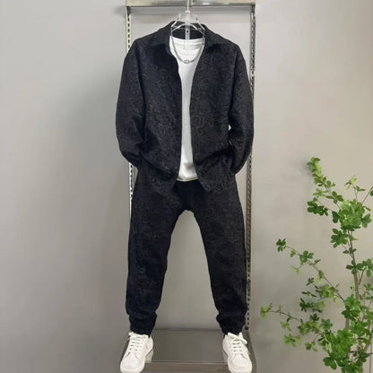 New Men's casual fashion two-piece pants set, sporty lapel jacquard shirt, long-sleeved spring and autumn set