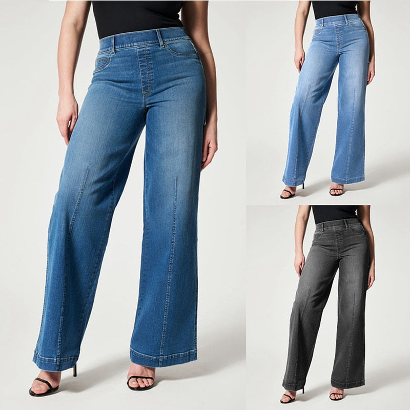 Jeans women elastic waist wide leg mid-waist 2023 new high elastic wash loose casual straight leg pants women's retro mom jeans