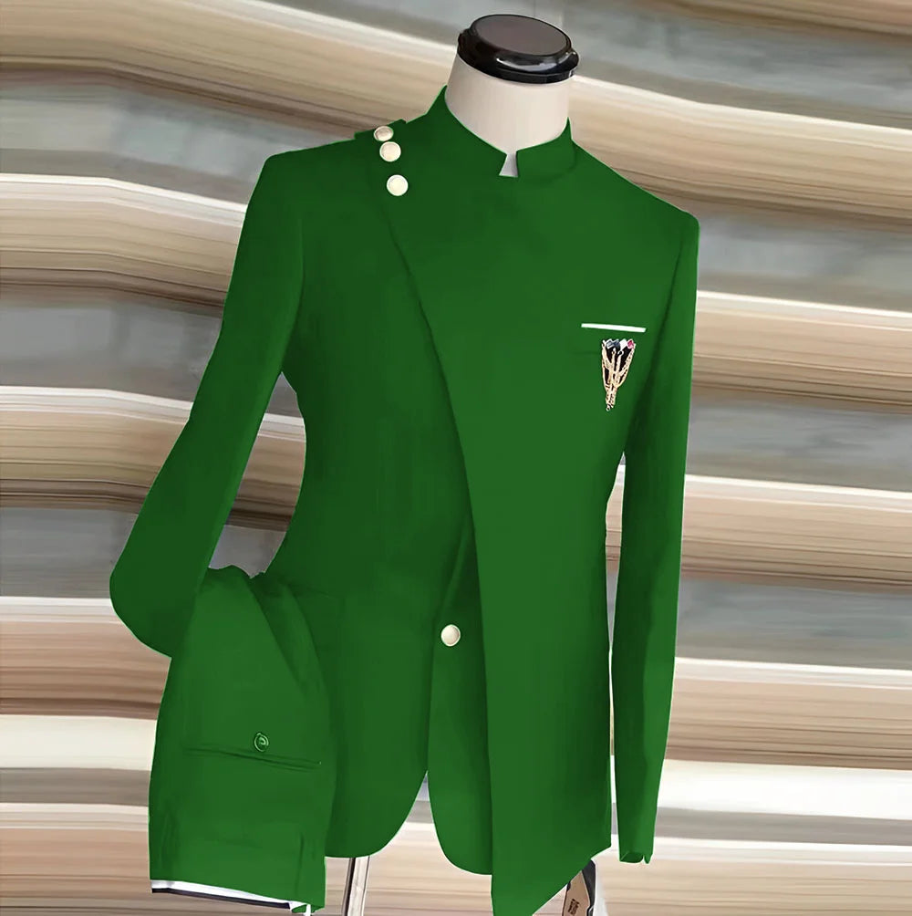African Style Men's Suit 2 Piece Set Single Breasted Blazer Groom Wedding Tuxedo Gold Button Design Formal Jacket Pants 2 Piece