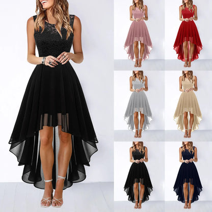 Spring Summer  Hollow out Waist Cinched Lace Evening Dress Midi Skirt Sleeveless round Neck Polyester Fabric Empire Waist