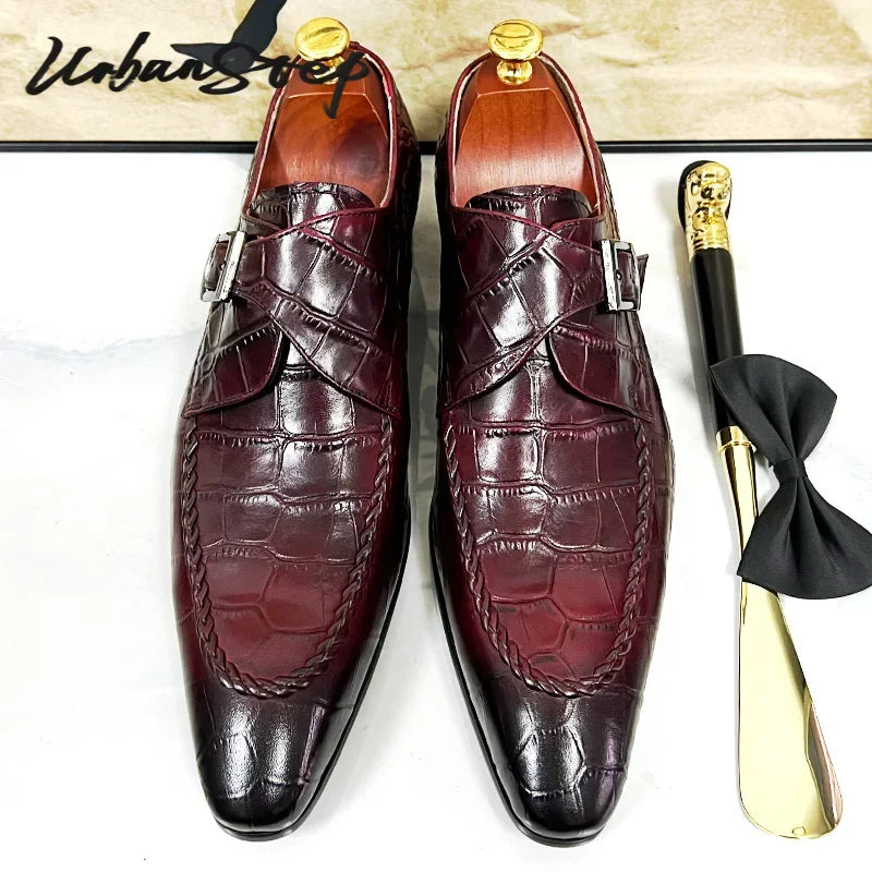 Luxury Men Shoes Black Burgundy Real Leather Casual Mens Dress Shoes Buckle Straps Formal Business Wedding Shoes For Men