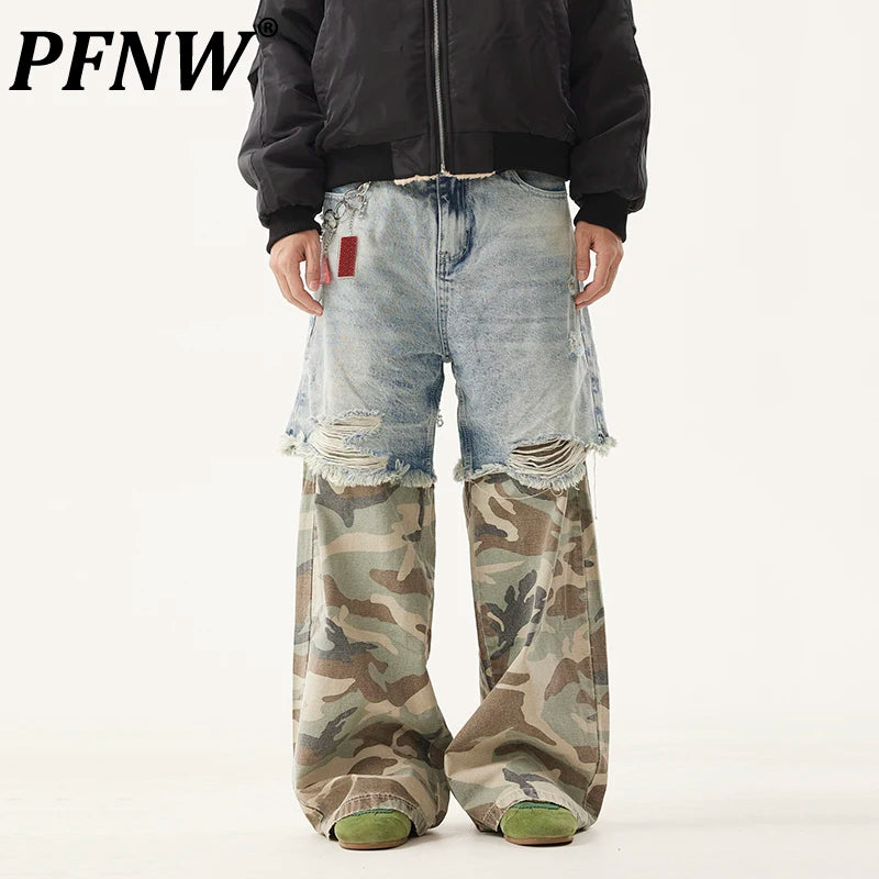 PFNW Niche Design Men's Jeans Washed Distressed Colorblock Splic Fake Two Piece Loose Straight Trousers Wide Leg Pants 28W5474
