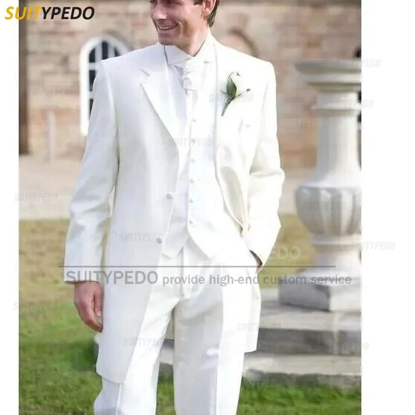 Elegant White Solid Men's Suit Set White Wedding Party Groom Long Texudos 3 Pieces Blazer Vest And Pants For Special Occasions