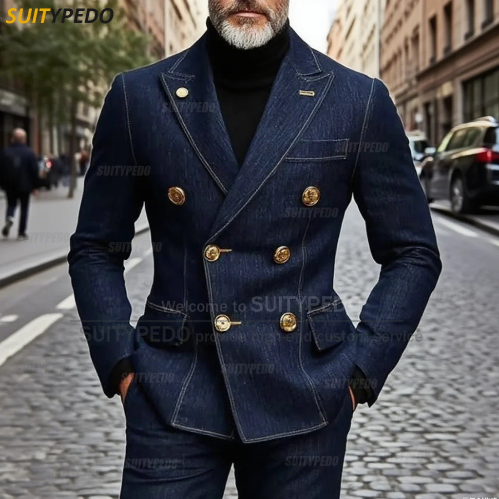 New Fashion Denim Men's Suit Classic Double Breasted Peak Lapel  Hommes Costumes 2 Pieces Blazer And Pants Sets Suit Attires