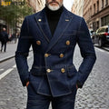 New Fashion Denim Men's Suit Classic Double Breasted Peak Lapel  Hommes Costumes 2 Pieces Blazer And Pants Sets Suit Attires
