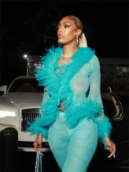 CM.YAYA Fashion Mesh See Though Women's Set Feather Side Long Sleeve Crop Top and Legging Pants  Sexy Two 2Piece Sets Outfit