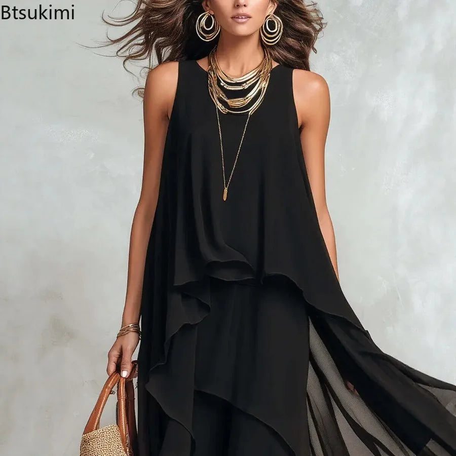 Woman Elegant Solid Dress Summer Casual O Neck Sleeveless Asymmetrical Ruffle Layered Chiffon Maxi Dress Holiday Party Dress