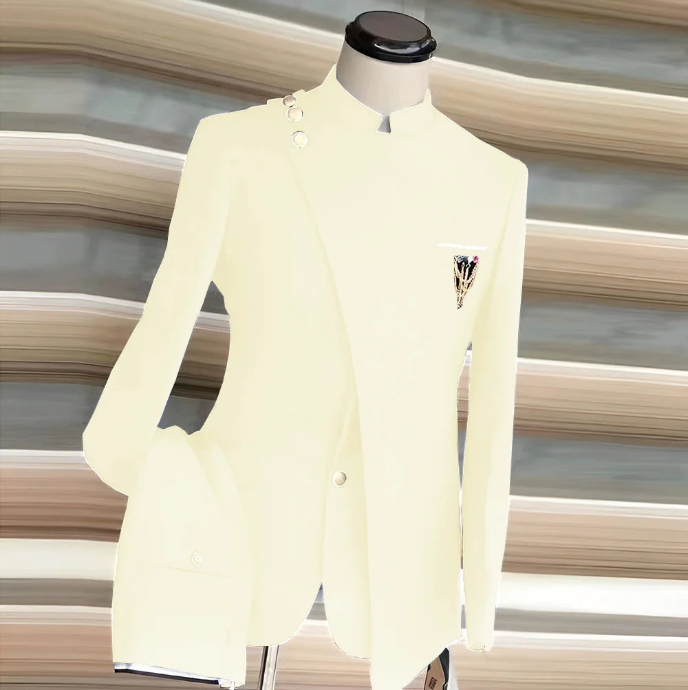 African Style Men's Suit 2 Piece Set Single Breasted Blazer Groom Wedding Tuxedo Gold Button Design Formal Jacket Pants 2 Piece