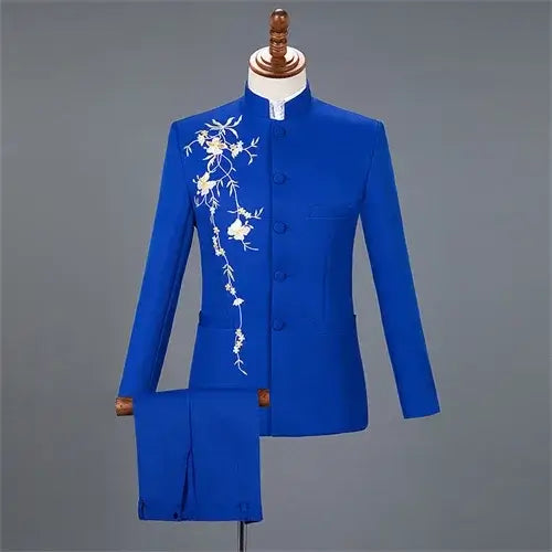 Neuer Herren Stehkragen Bestickter Anzug 2-teilig Schwarz / Weiß / Rot Mode Herren Bühne Party Perform Blazer und Hose