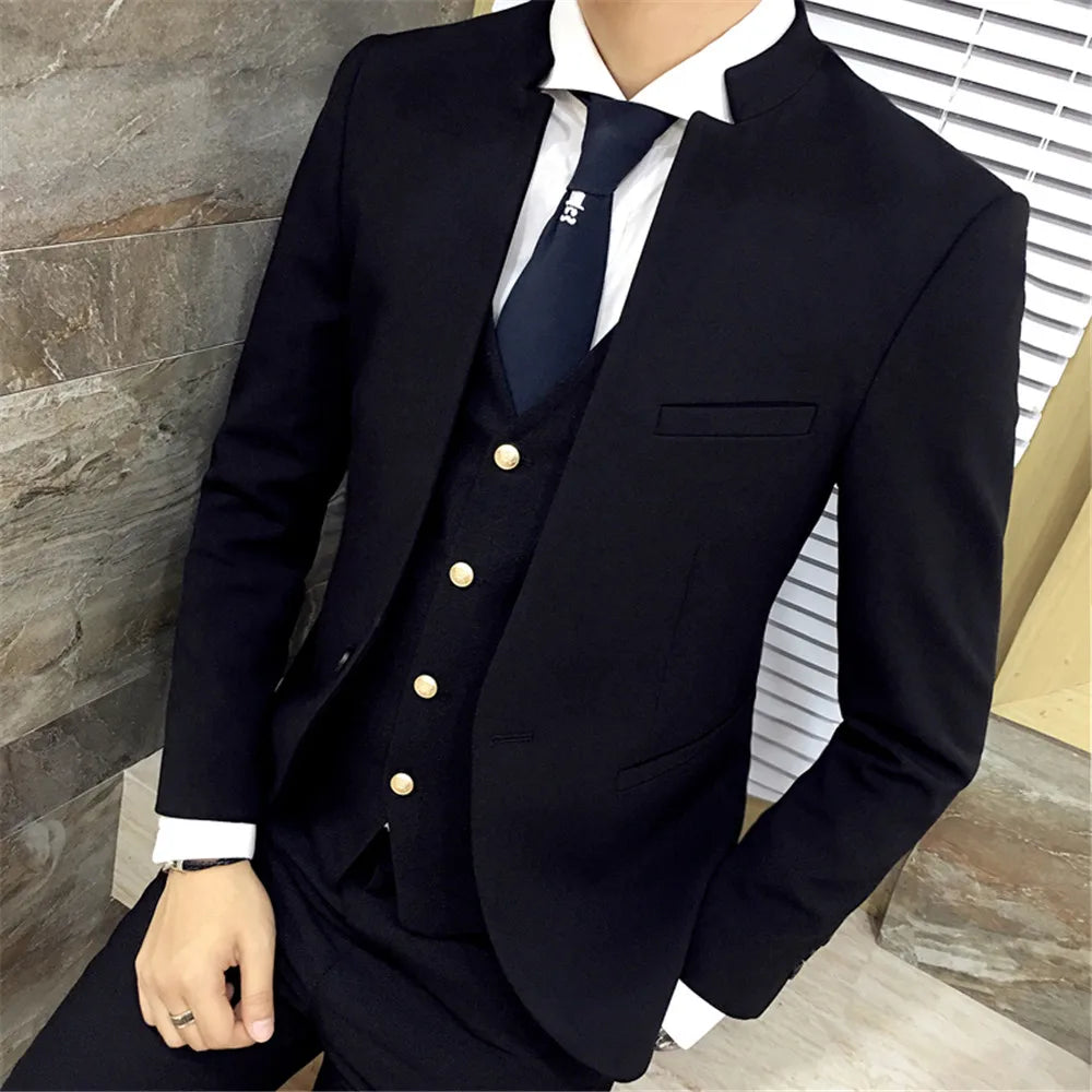 Mens Suit Vest 3 Pieces Business Stand Collar Grey Formal Black Men Suit Pants High Quality