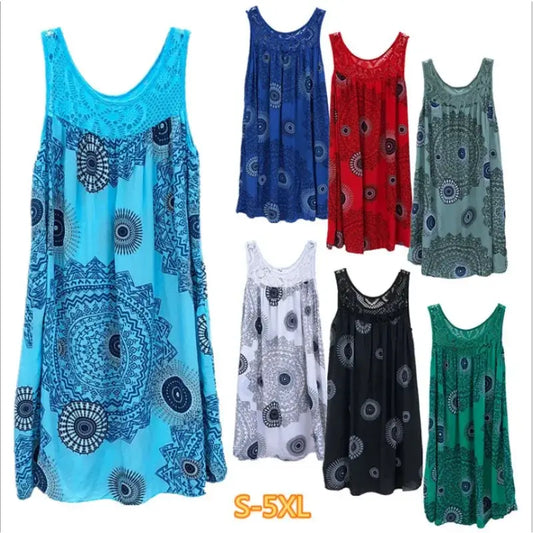 Damenbekleidung Sommer ärmelloses Trägerkleid Spitzenmuster ärmellos großer Schwung lockeres sexy Kleid langer Rock Übergröße