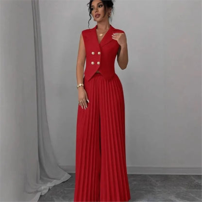 Summer Women's Fashionable Casual Lapel Suit Elegant Commuting Solid Color Sleeveless Top + Trousers Sexy Two-piece Set