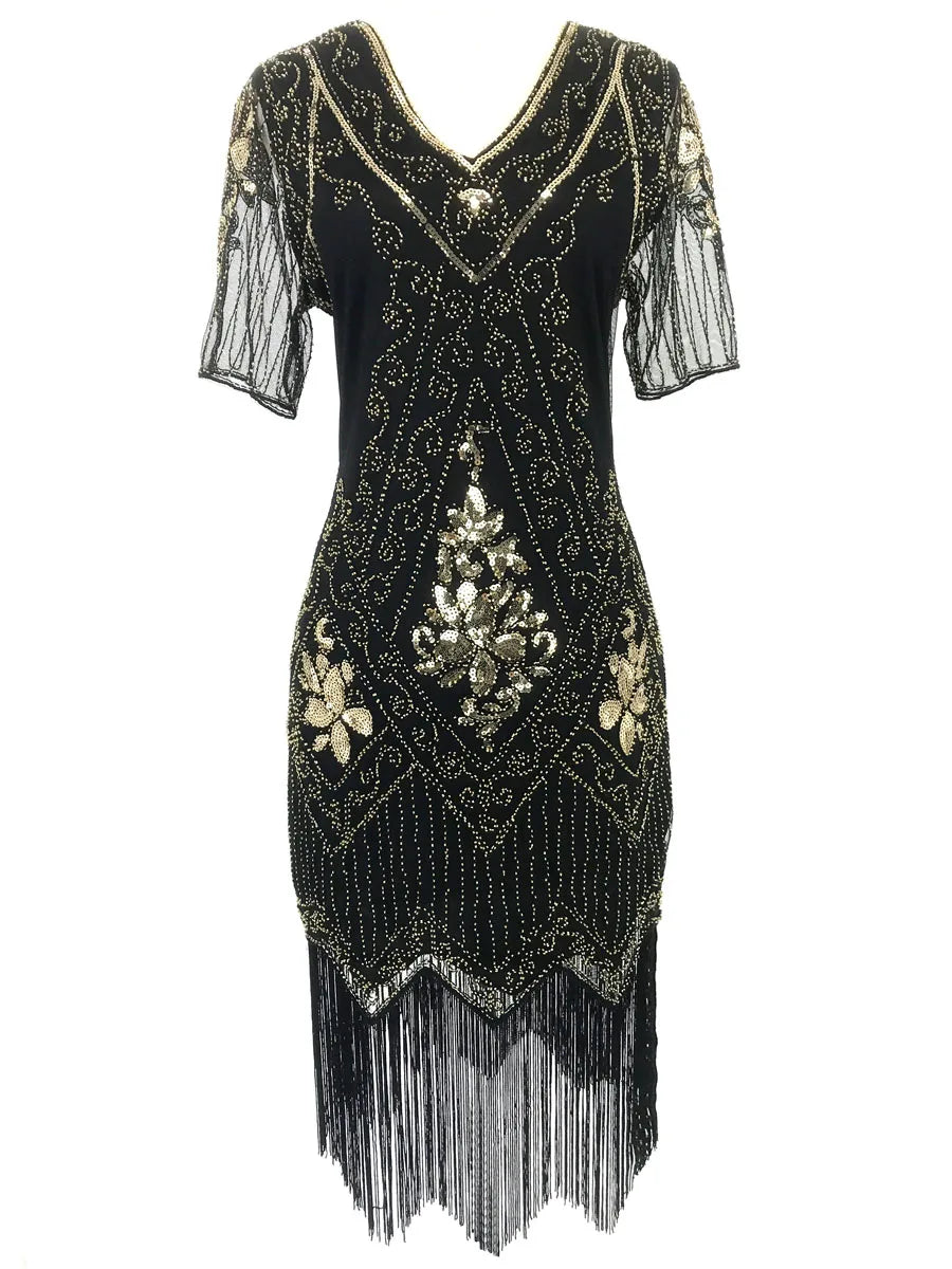 Embellished Beaded Sequin Dress Robe Vestidos Women 1920s Flapper Dress Vintage V Neck Butterfly Sleeve Long Great Gatsby Dress
