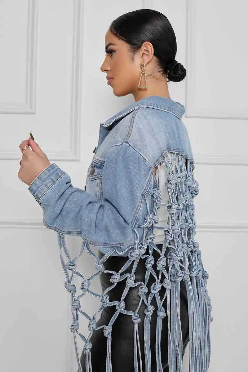 Women Denim Jacket Back Grid Fringe Design Denim Jacket Ladies Spring and Fall Fashion Short Personalized Jacket Coat 2024 New