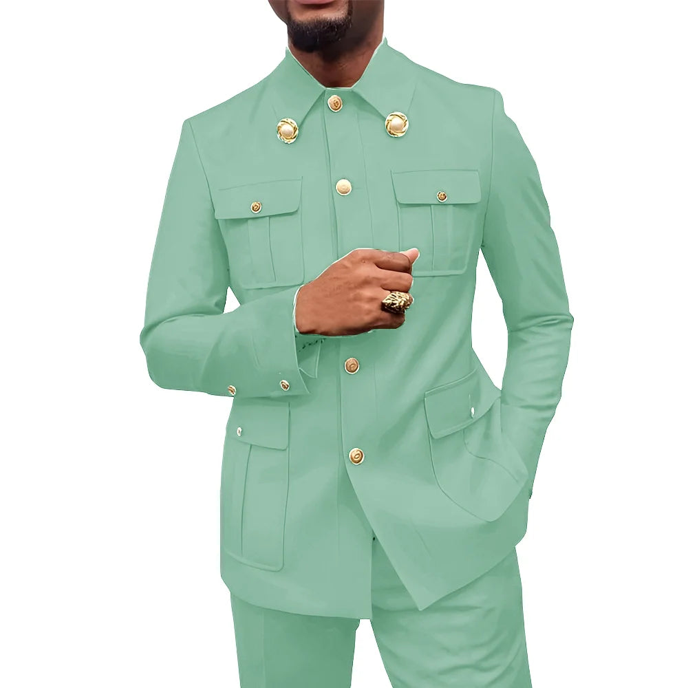Herren Zweiteiler im afrikanischen Stil, Stehkragen Blazer Hose Bräutigam Hochzeits-Smoking Feiertag Maßanzug Kleid