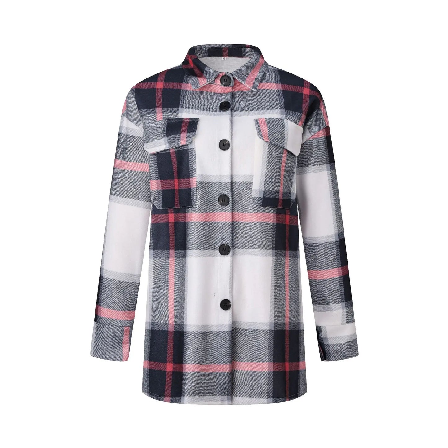 Women Coat Plaid Print Pocket Button Coats Long Sleeve Shacket Autumn Turn Down Collar Single Jacket Breasted Spring Jackets