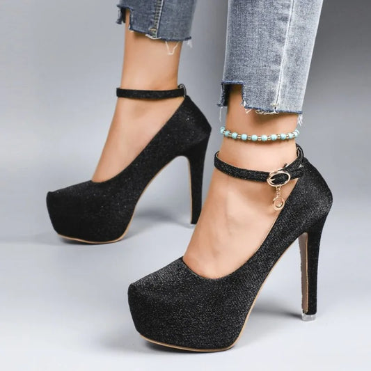 Women's High Heels 2026 New Style Semi-Uppered Thin Heel Waterproof Platform Buckle Fashion Shoes Large Size Strap Shoes
