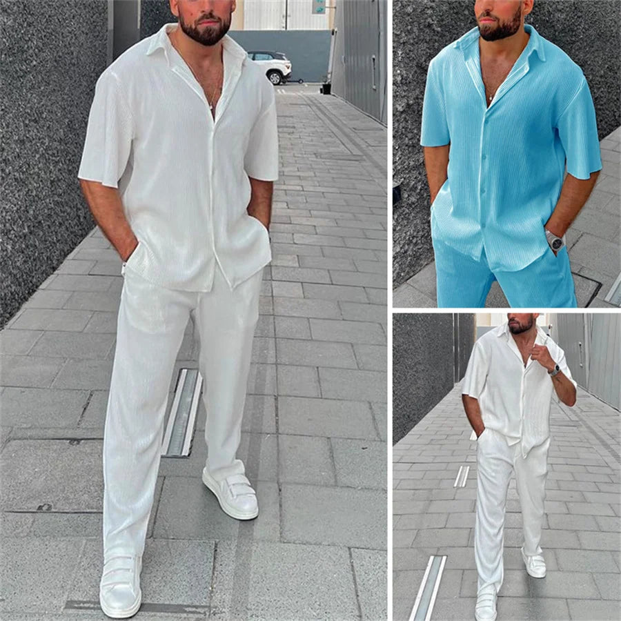 White Men Pants Set Lapel Button-up Short Sleeve Shirt + Long Pants Casual Beach Outfits Men's Clothing New Two Piece Tracksuit