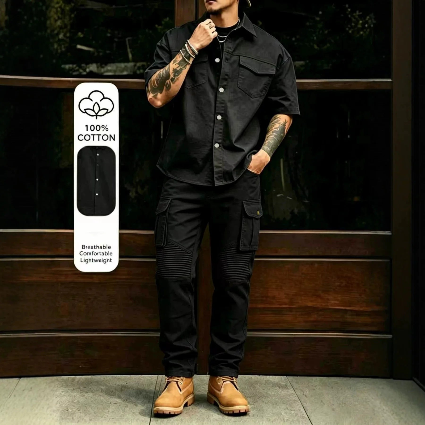 Men's Casual Workwear 100% Cotton Multi-Pocket Short-Sleeved Shirt Pants Set Male Cargo Overalls Streetwear Short Sleeve Button