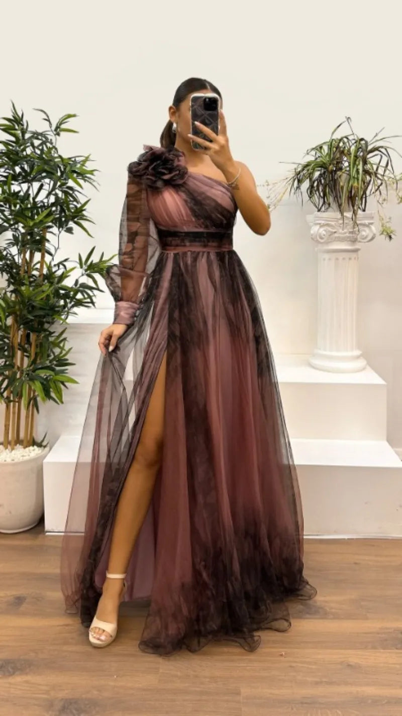 2025 Women Evening Dress Off Shoulder Pleated Long Lantern Sleeve Split Hem Maxi Dress Rhinestone Decor High Waist Party Dresses
