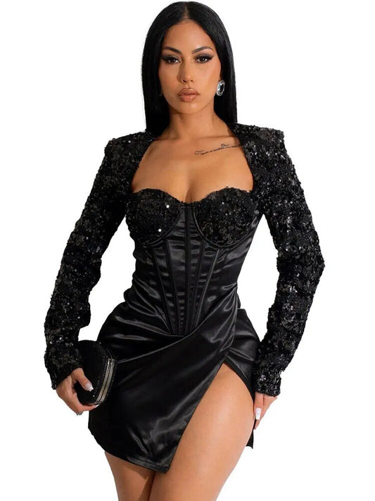 Sexy Square Neck Party Prom Sequin Corset Dress Luxury Long Sleeve Wedding Evening Gowns Night Club Bodycon Mini Slit Dresses