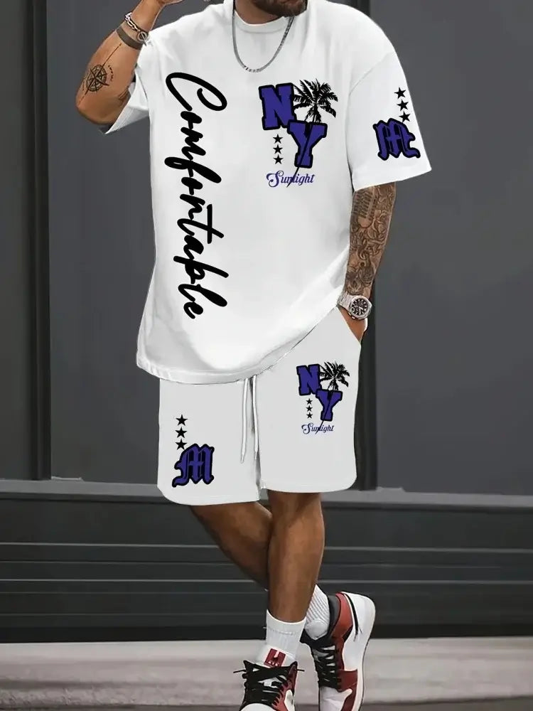 Herren Sommer Kurzarm-Set Hip-Hop Cartoon Bären-Print Kurzarm-Oberteil Shorts Lässiger Zweiteiler Outdoor Urban Street Fashion