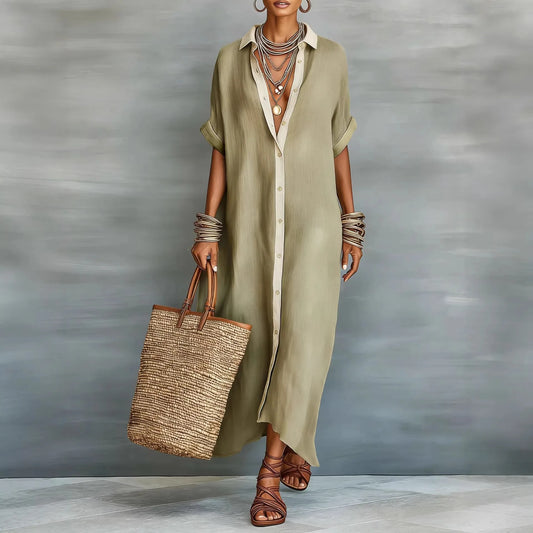 2026 Spring Turn-down Collar Button Shirt Dress Woman Casual Patchwork Loose Long Dress Summer Short Sleeve Beach Vacation Dress